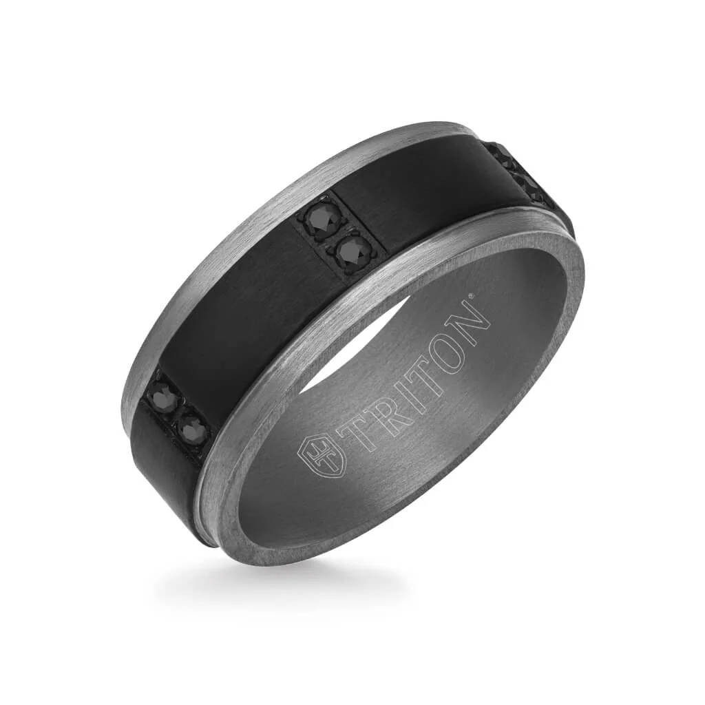 8MM Tantalum Ring - Vertical Channel Set Black Sapphires and Flat Edge - Image 2