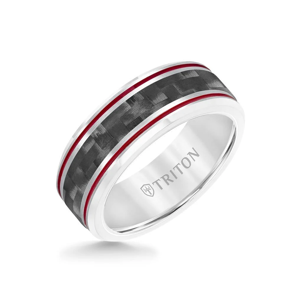 8MM Tungsten & Black Carbon Fiber Ring with Stripe and Bevel Edge - Image 3