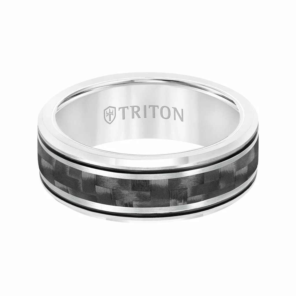 8MM Tungsten & Black Carbon Fiber Ring with Stripe and Bevel Edge - Image 4