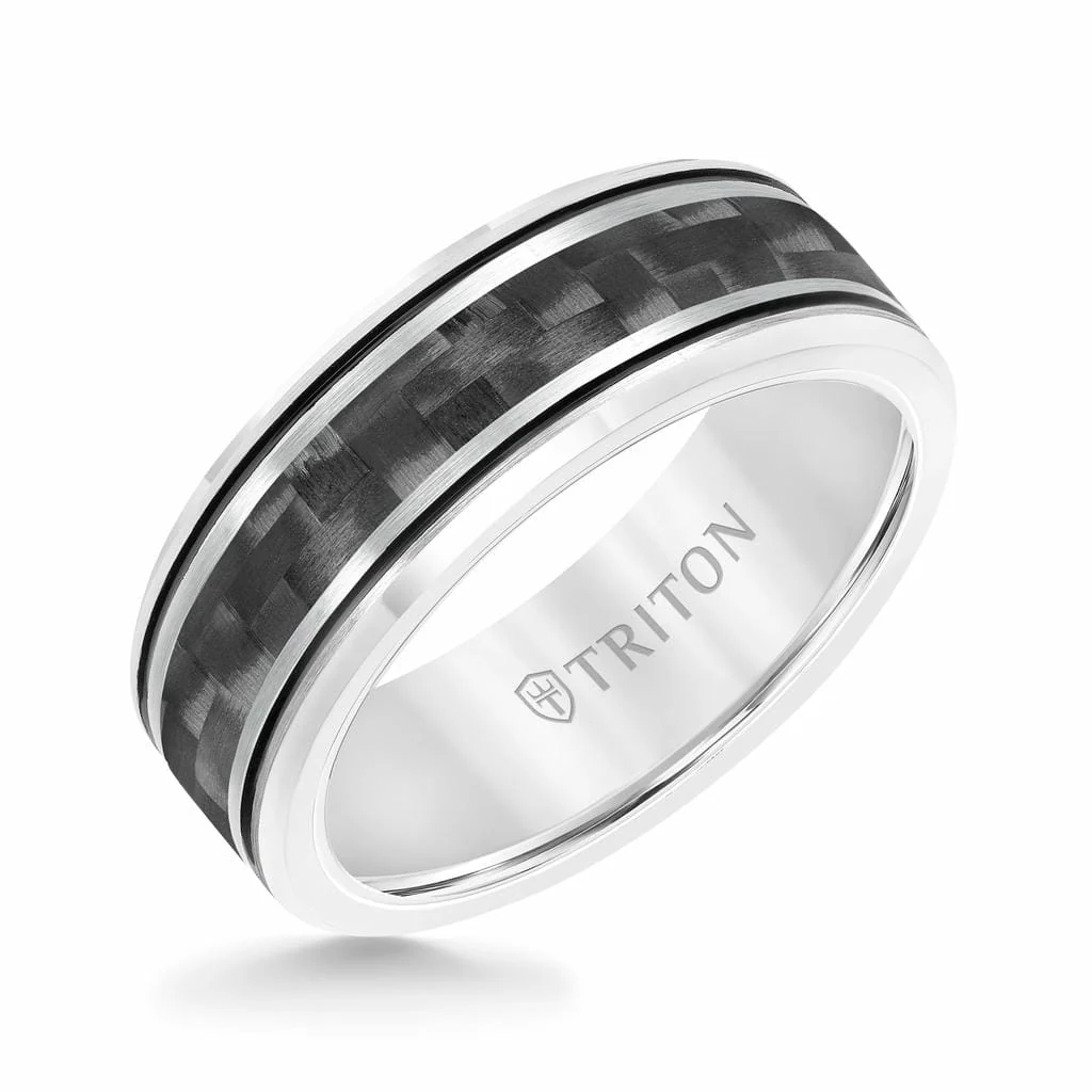 8MM Tungsten & Black Carbon Fiber Ring with Stripe and Bevel Edge - Image 6