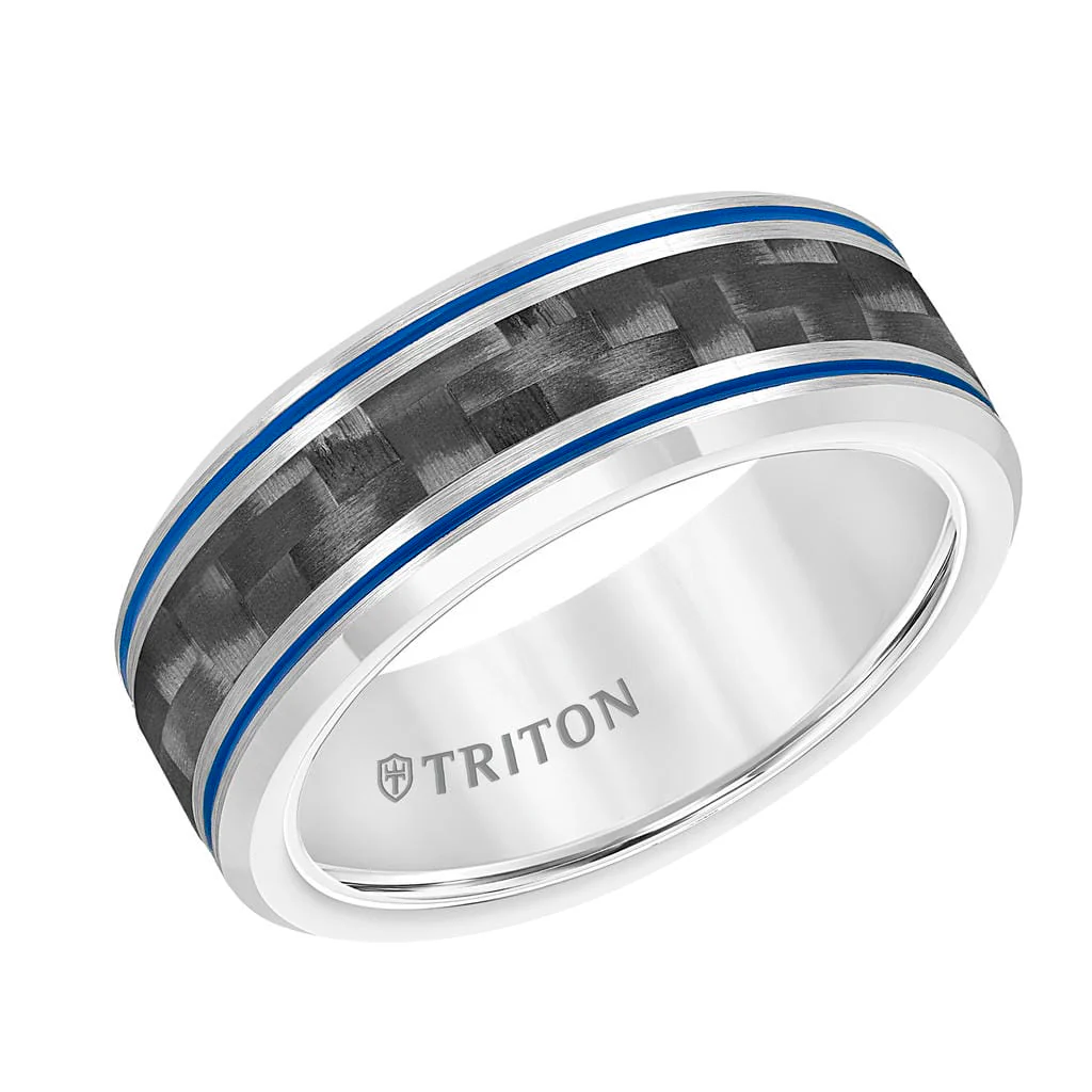 8MM Tungsten & Black Carbon Fiber Ring with Stripe and Bevel Edge - Image 8