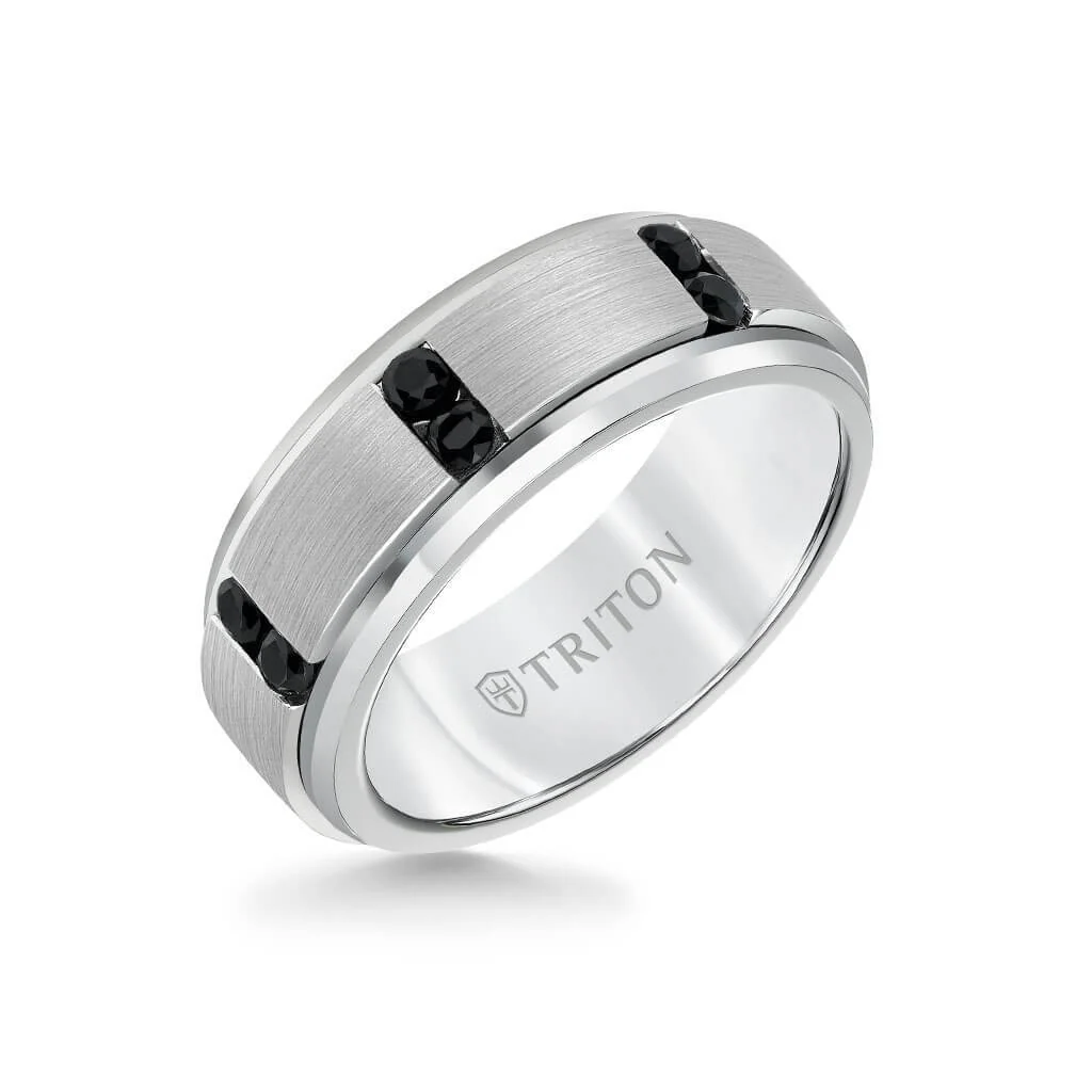 8MM Tungsten Black Sapphire Ring - Vertical Channel Set Silver Satin Finish and Bevel Edge - Image 3