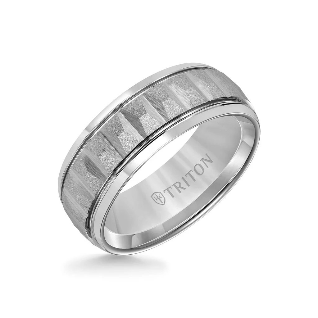8MM Tungsten Carbide Ring - Brushed Faceted Center and Round Edge - Image 3