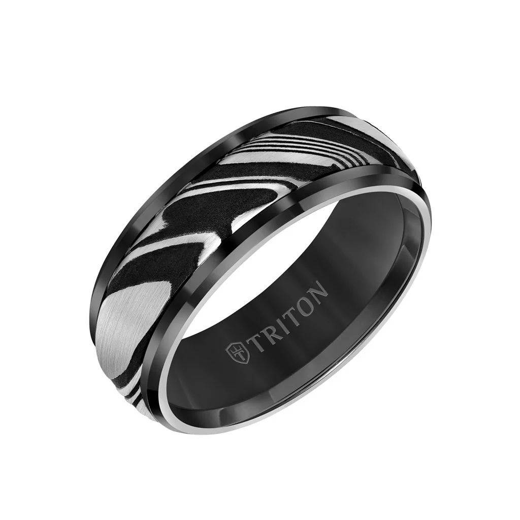 8MM Tungsten Carbide Ring - Damascus Steel with Bevel Edge - Image 3