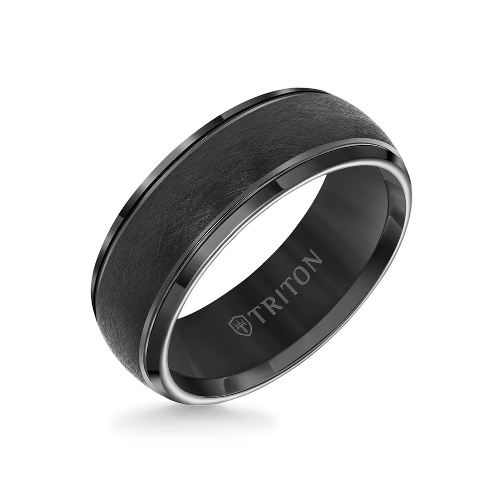 8MM Tungsten Carbide Ring - Domed Wire Brush Center and Flat Edge - Image 3