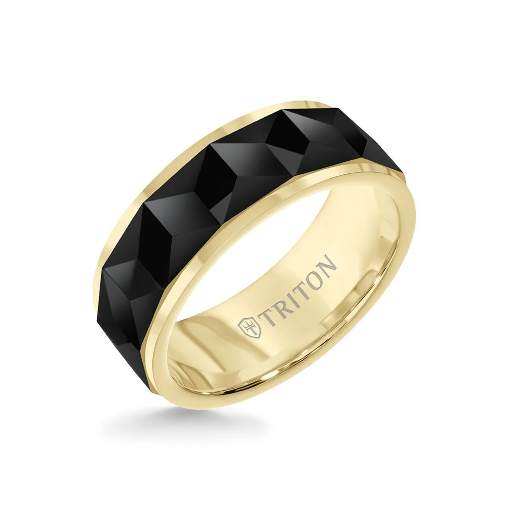 8MM Tungsten Carbide Ring - Faceted Chevron Pattern and Bevel Edge - Image 3