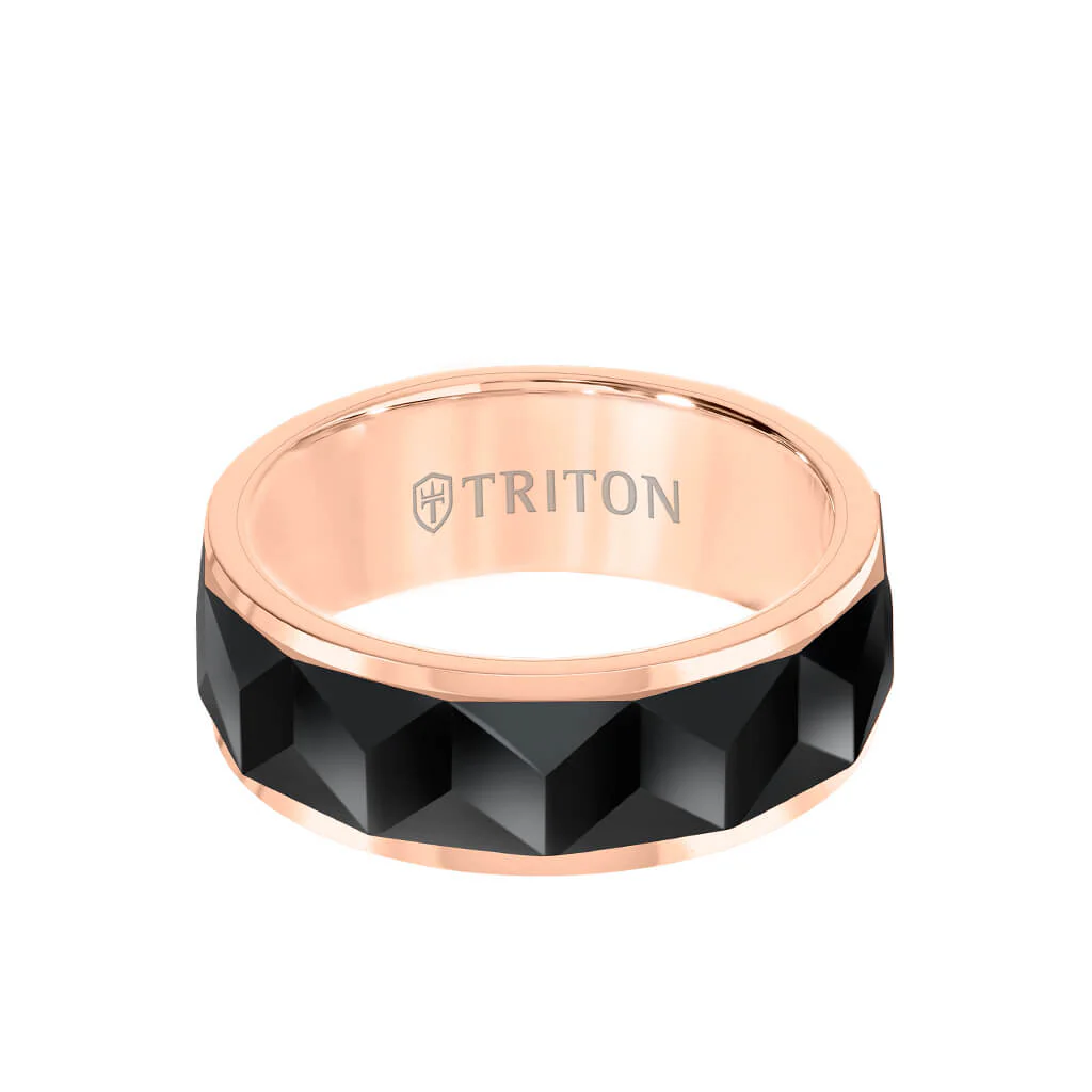 8MM Tungsten Carbide Ring - Faceted Chevron Pattern and Bevel Edge - Image 4