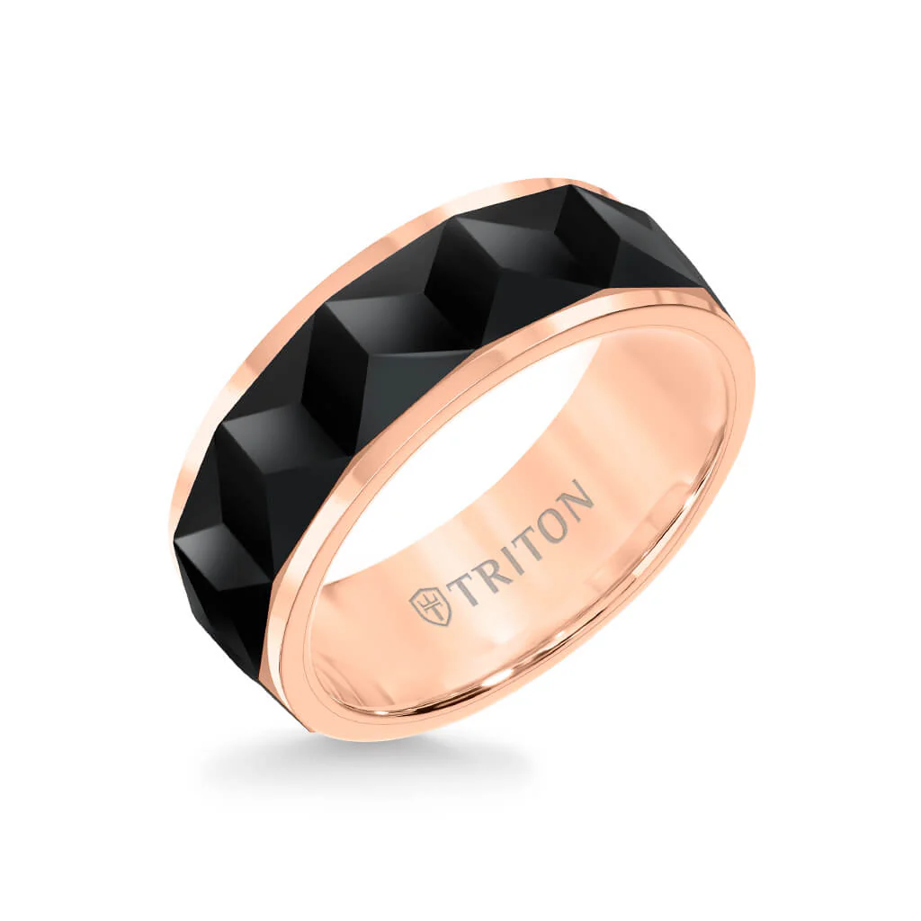 8MM Tungsten Carbide Ring - Faceted Chevron Pattern and Bevel Edge - Image 6