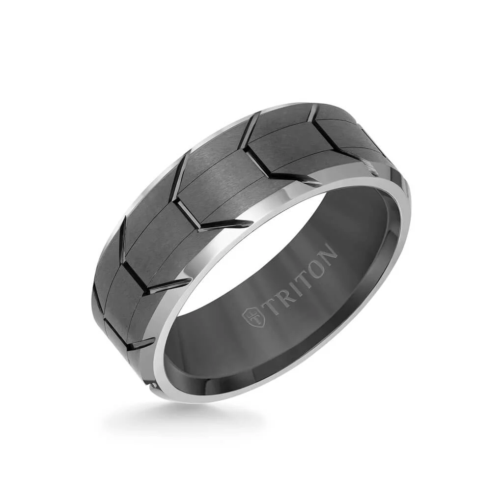 8MM Tungsten Carbide Ring - Gunmetal Tire Tread Center and Bevel Edge - Image 3