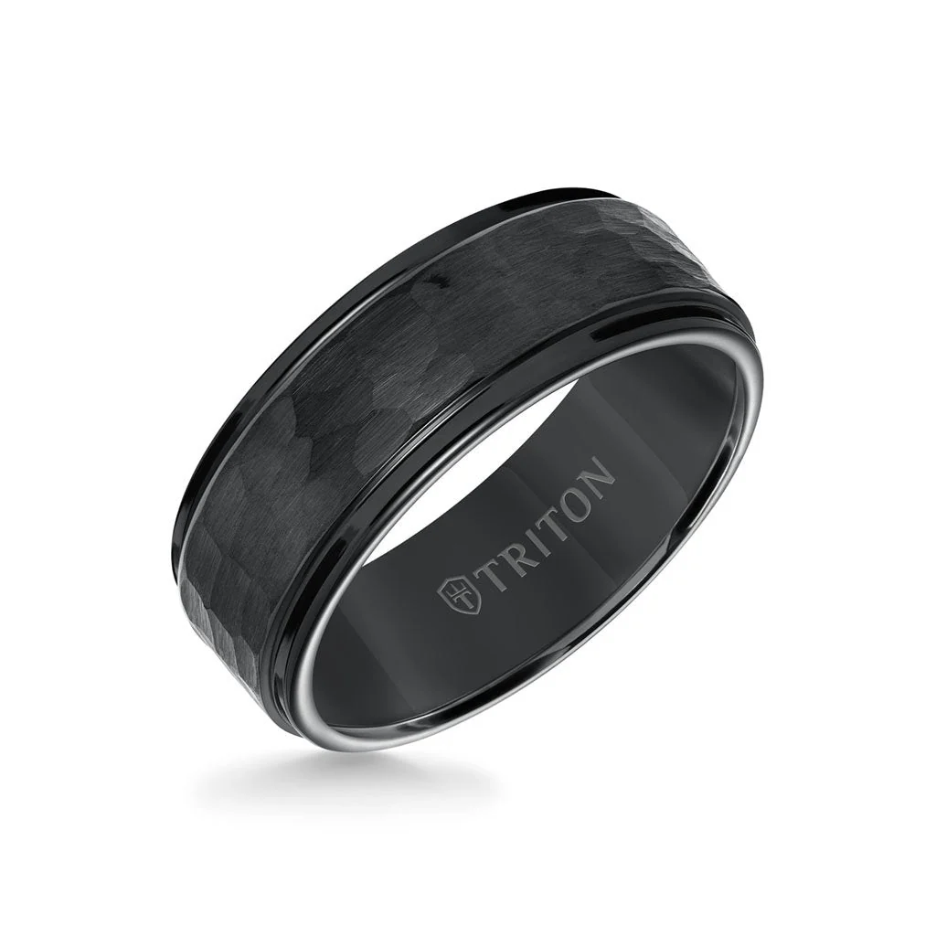 8MM Tungsten Carbide Ring - Hammered Center and Step Edge - Image 3