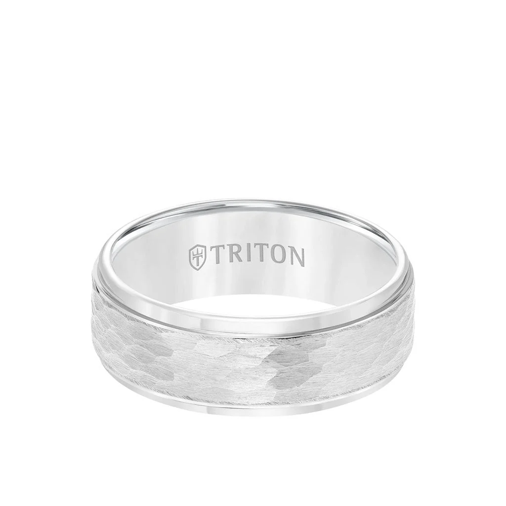 8MM Tungsten Carbide Ring - Hammered Center and Step Edge - Image 5