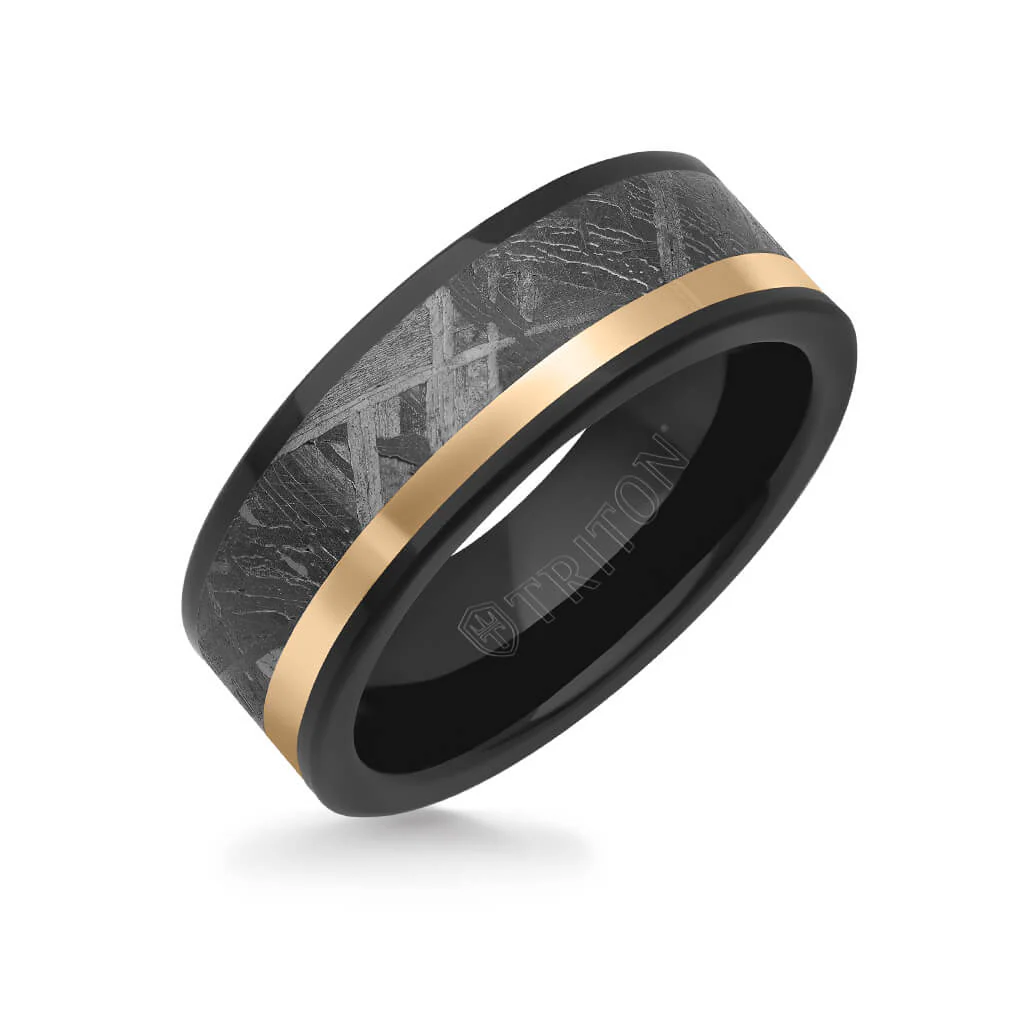 8MM Tungsten Carbide Ring - Meteorite Inlay with Asymetrical Channel and Flat Edge - Image 2