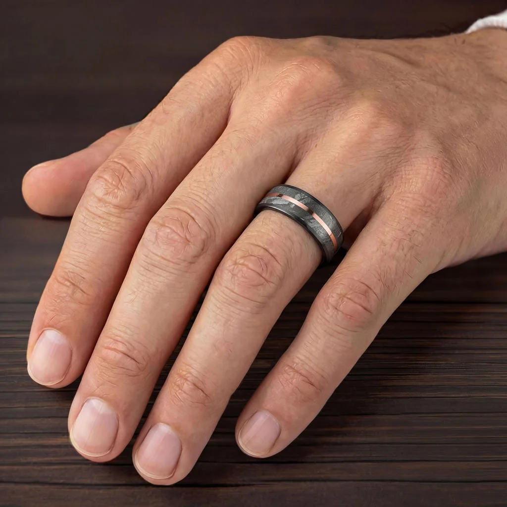 8MM Tungsten Carbide Ring - Meteorite Inlay with Center Line and Flat Edge - Image 2