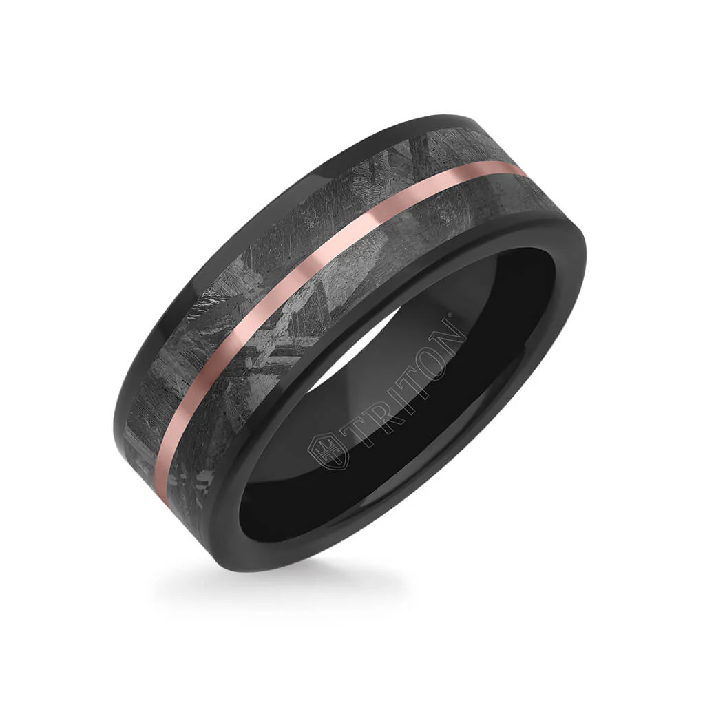 8MM Tungsten Carbide Ring - Meteorite Inlay with Center Line and Flat Edge - Image 3