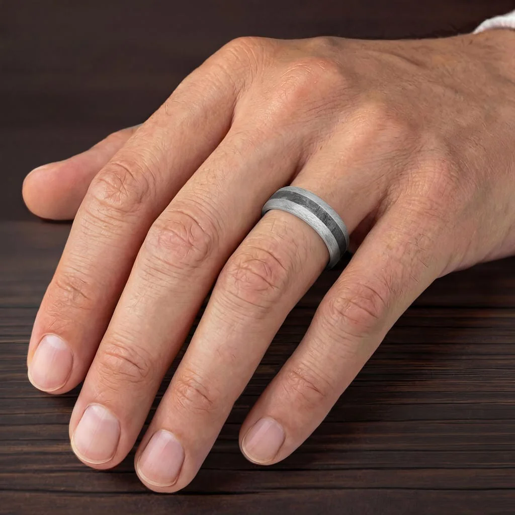 8MM Tungsten Carbide Ring - Meteorite Inlay with Domed Channel and Dome Edge - Image 2