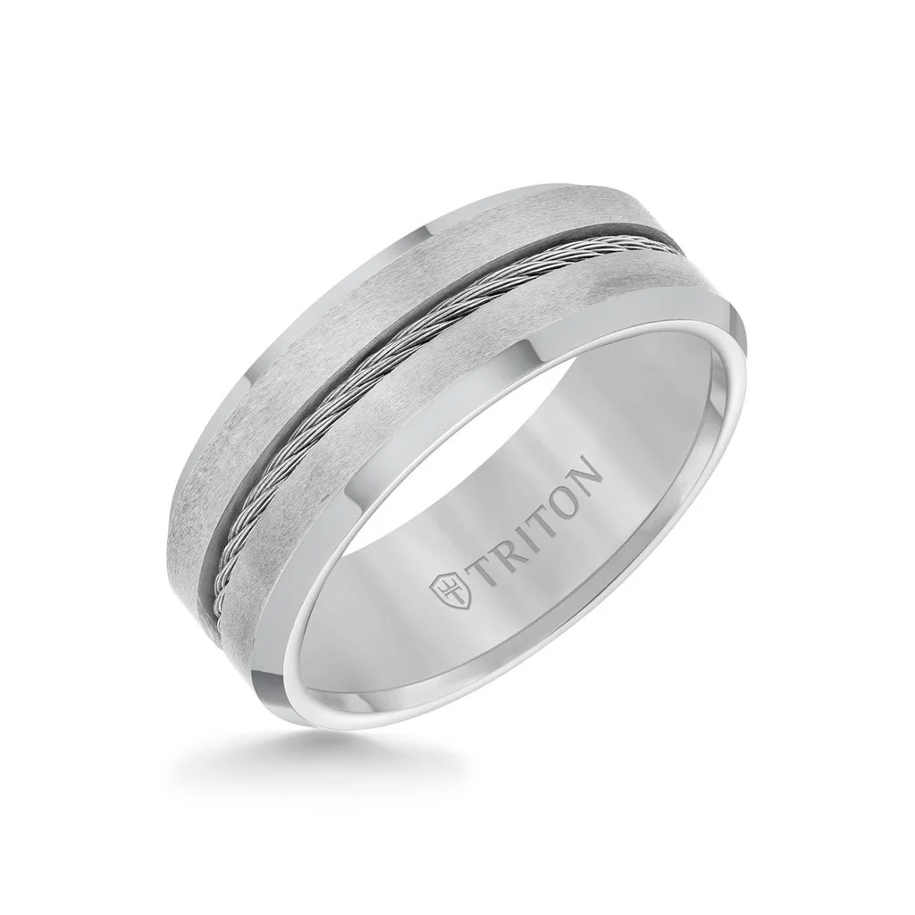 8MM Tungsten Carbide Ring - Steel Cable Center and Bevel Edge - Image 3