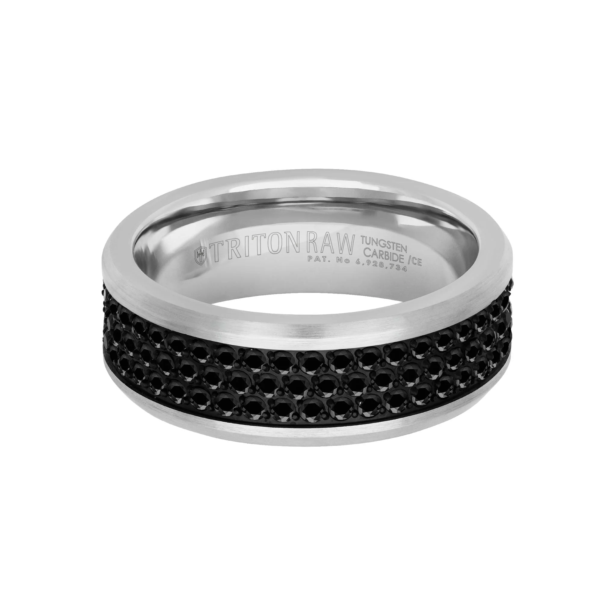 8MM Tungsten Carbide Ring - Triple Row Eternity Black Heat-Treated Sapphires and Beveled Edge