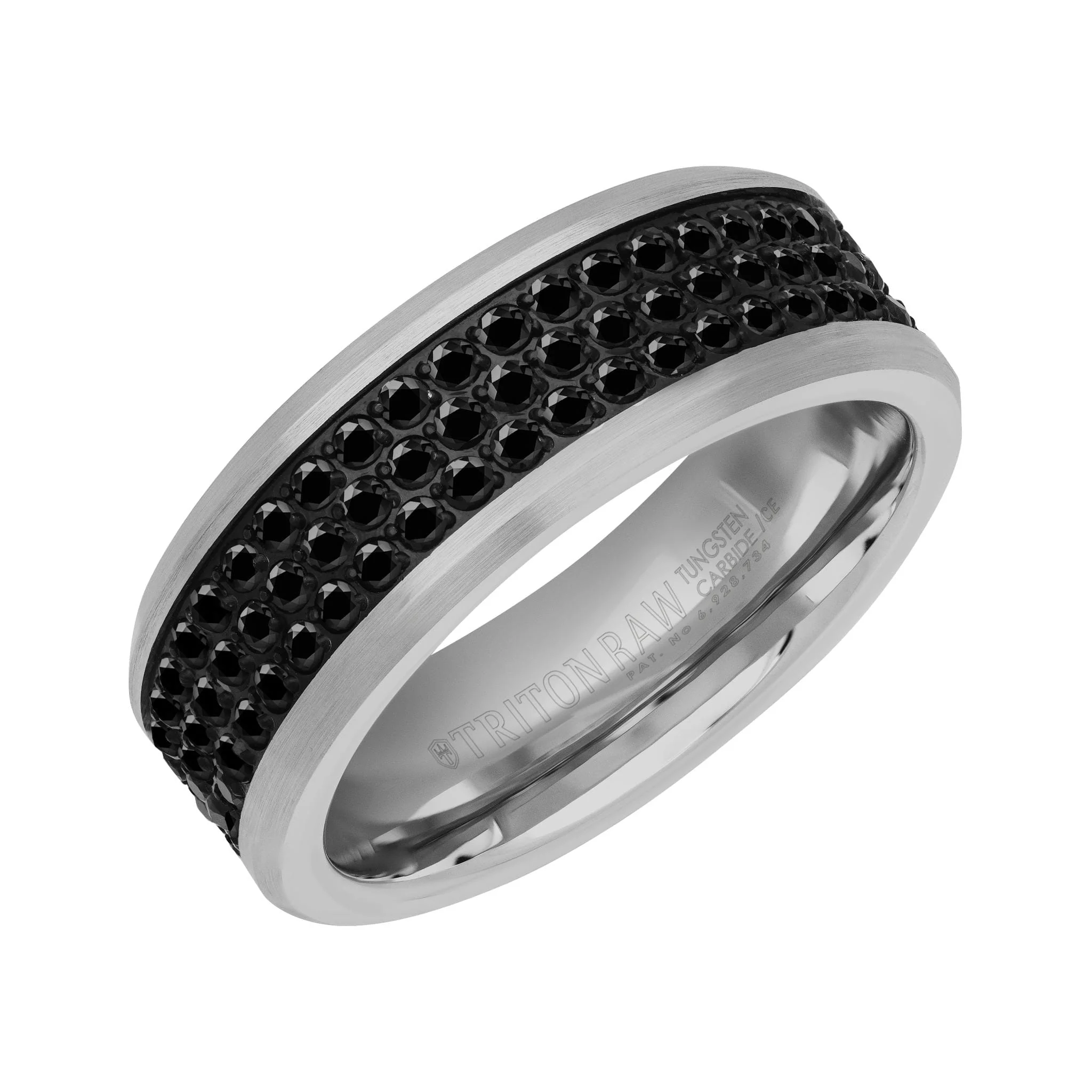 8MM Tungsten Carbide Ring - Triple Row Eternity Black Heat-Treated Sapphires and Beveled Edge - Image 2