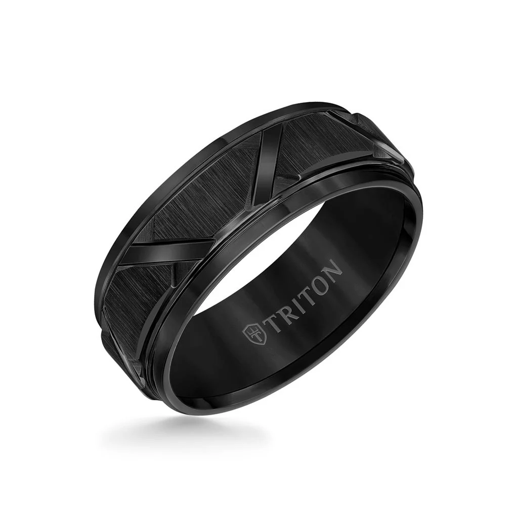 8MM Tungsten Carbide Ring - Wire Brush Center with Diagonal Cuts and Step Edge - Image 3