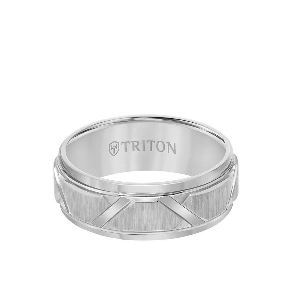 8MM Tungsten Carbide Ring - Wire Brush Center with Diagonal Cuts and Step Edge - Image 4