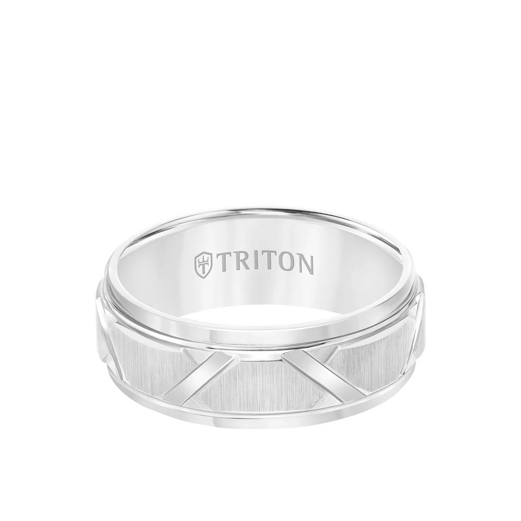 8MM Tungsten Carbide Ring - Wire Brush Center with Diagonal Cuts and Step Edge - Image 6