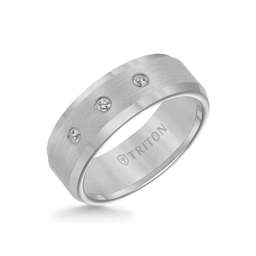 8MM Tungsten Diamond Ring - 3 Stone Satin Finish Center and Bevel Edge - Image 2