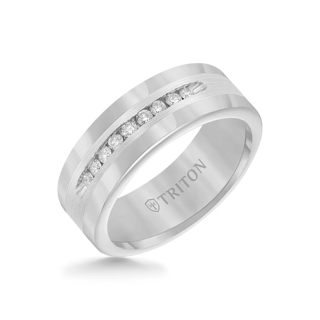 8MM Tungsten Diamond Ring - Channel Set Silver Satin Finish and Round Edge - Image 2