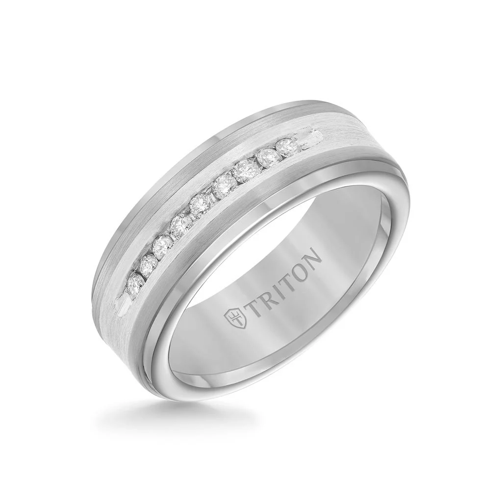 8MM Tungsten Diamond Ring - Channel Set Silver Satin Finish and Step Edge - Image 3
