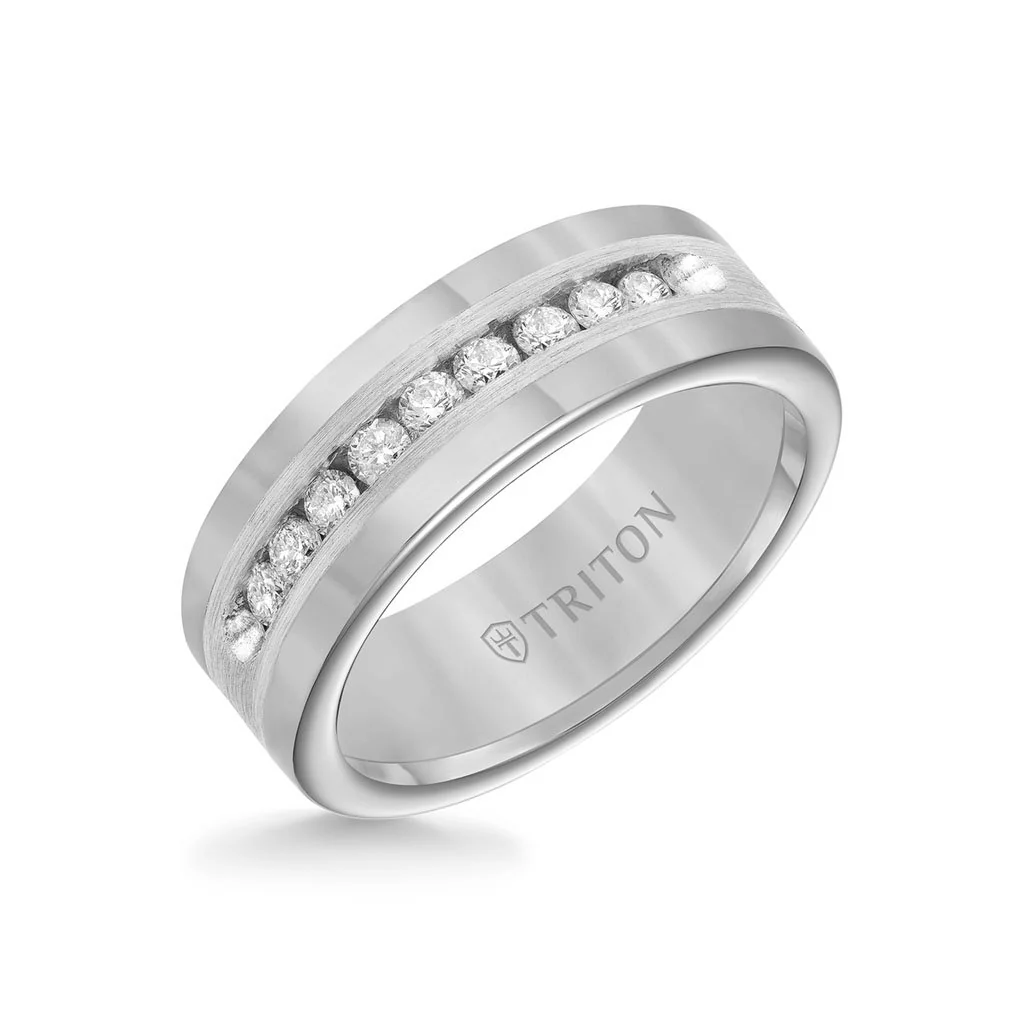 8MM Tungsten Diamond Ring - Channel Set Silver Satin Finish Inlay and Round Edge - Image 3