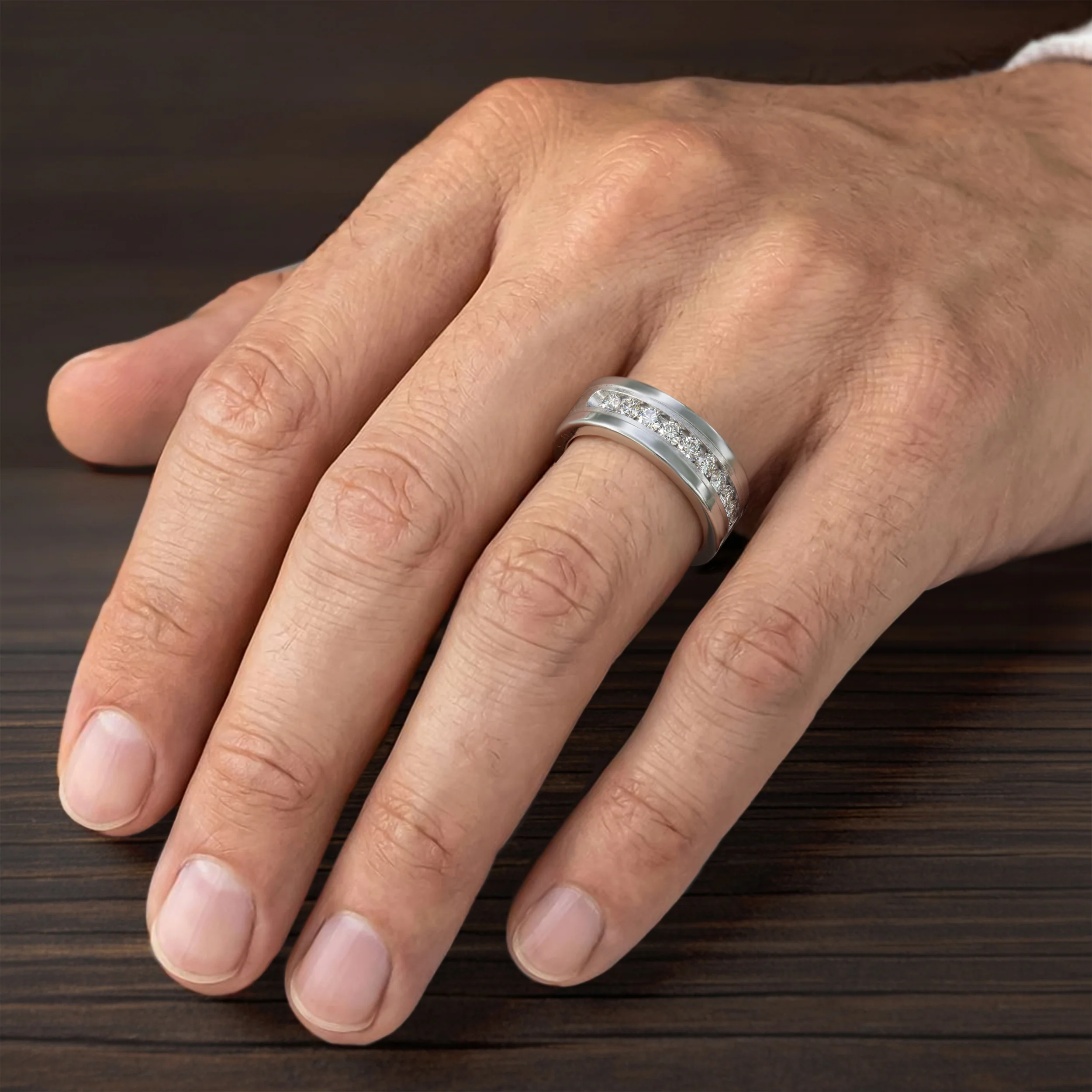 8MM Tungsten Diamond Ring - Satin Bright Finish and Bevel Edge - Image 2