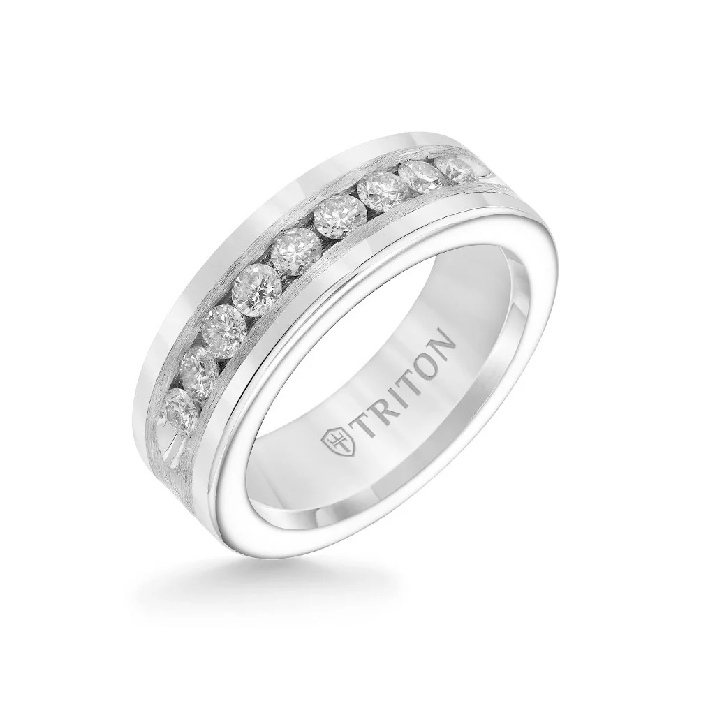 8MM Tungsten Diamond Ring - Satin Bright Finish and Bevel Edge - Image 3