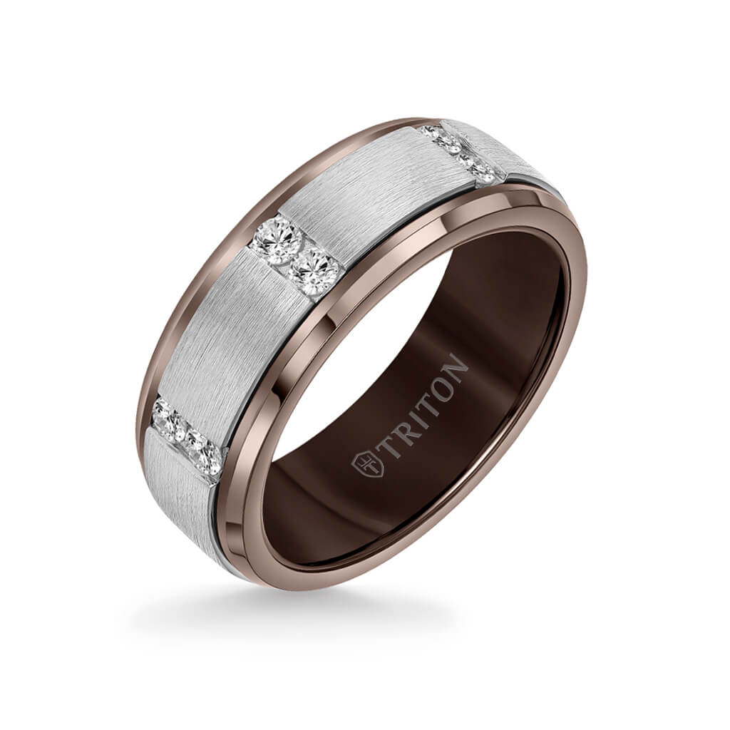 8MM Tungsten Diamond Ring - Vertical Channel Set Silver Satin Finish and Bevel Edge - Image 3