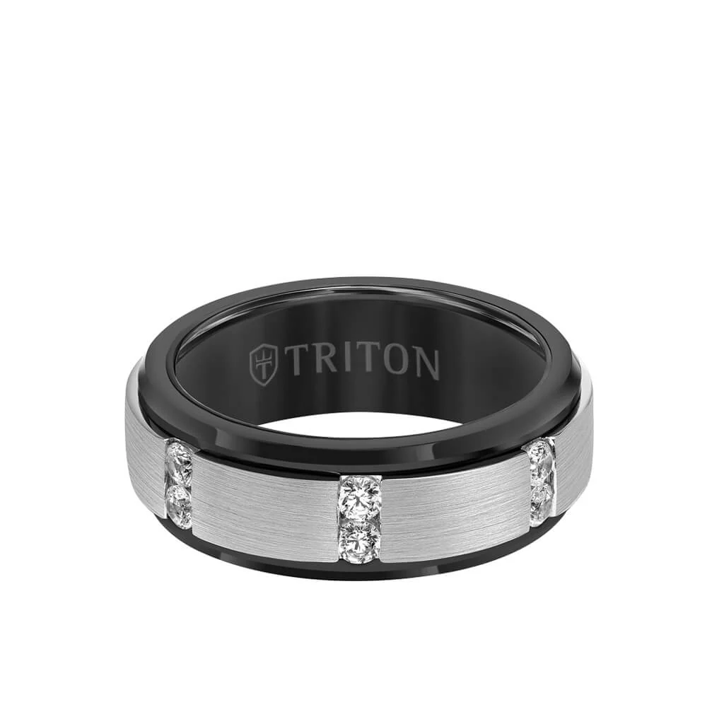 8MM Tungsten Diamond Ring - Vertical Channel Set Silver Satin Finish and Bevel Edge - Image 4