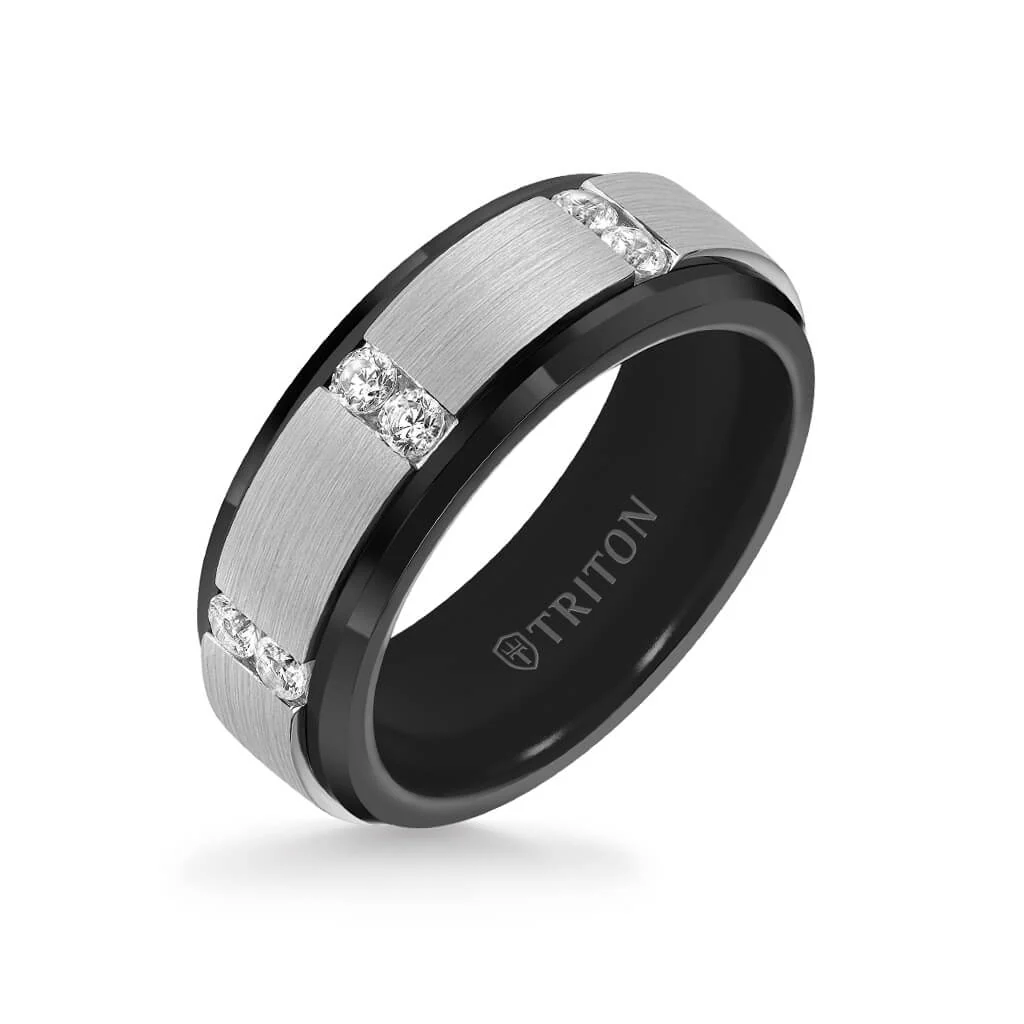8MM Tungsten Diamond Ring - Vertical Channel Set Silver Satin Finish and Bevel Edge - Image 5