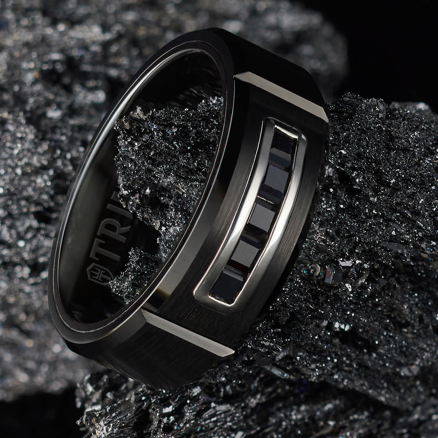8MM Tungsten RAW Black DLC Ring - Channel Set Square Black Sapphires and Black Ceramic Interior - Image 2