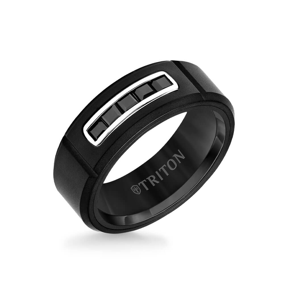 8MM Tungsten RAW Black DLC Ring - Channel Set Square Black Sapphires and Black Ceramic Interior - Image 3