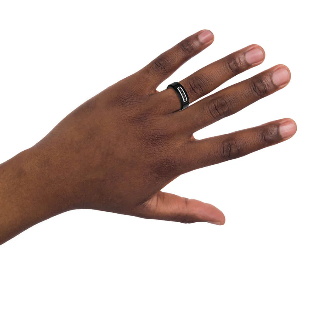 8MM Tungsten RAW Black DLC Ring - Channel Set Square Black Sapphires and Black Ceramic Interior - Image 4