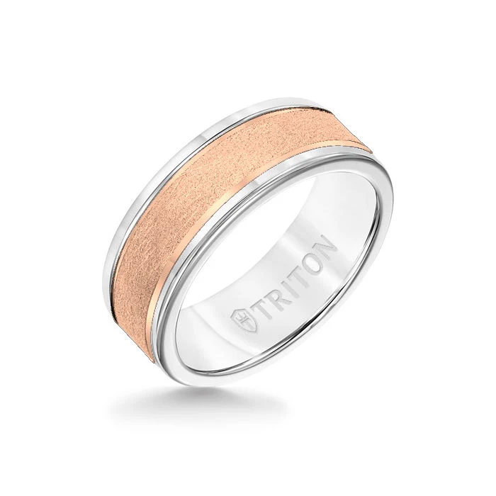 8MM White Tungsten Carbide Ring - Crystalline 14K Rose Gold Insert with Round Edge