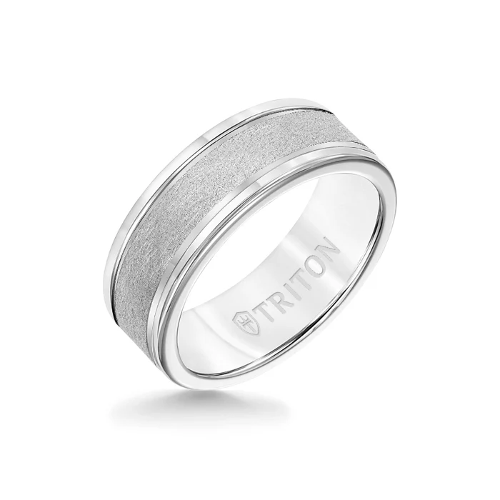 8MM White Tungsten Carbide Ring - Crystalline 14K White Gold Insert with Round Edge
