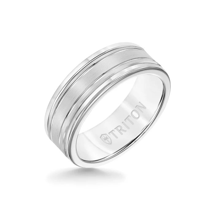 8MM White Tungsten Carbide Ring - Double Engraved 14K White Gold Insert with Round Edge