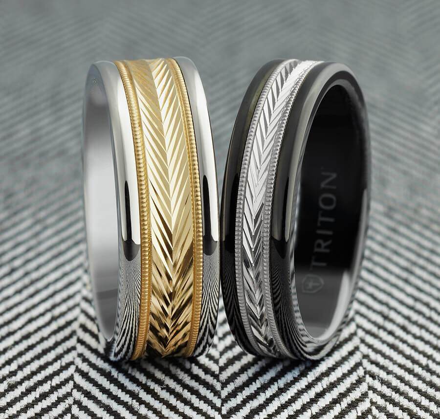 8MM White Tungsten Carbide Ring - Herringbone 14K Rose Gold Insert with Round Edge - Image 2