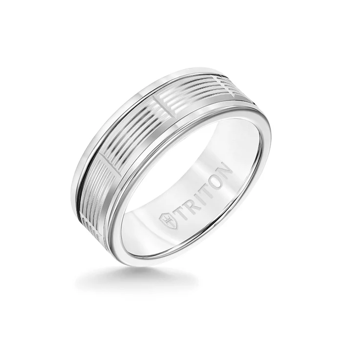 8MM White Tungsten Carbide Ring - Serrated Vertical Cut 14K White Gold Insert with Round Edge