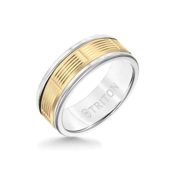 8MM White Tungsten Carbide Ring - Serrated Vertical Cut 14K Yellow Gold Insert with Round Edge