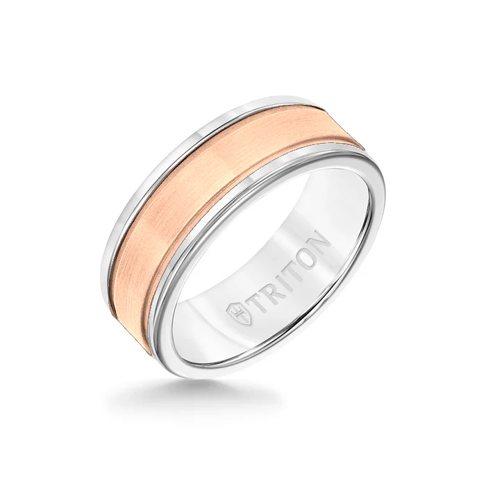 8MM White Tungsten Carbide Ring - Step Edge 14K Rose Gold Insert with Round Edge