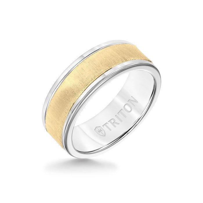 8MM White Tungsten Carbide Ring - Vertical Satin 14K Yellow Gold Insert with Round Edge