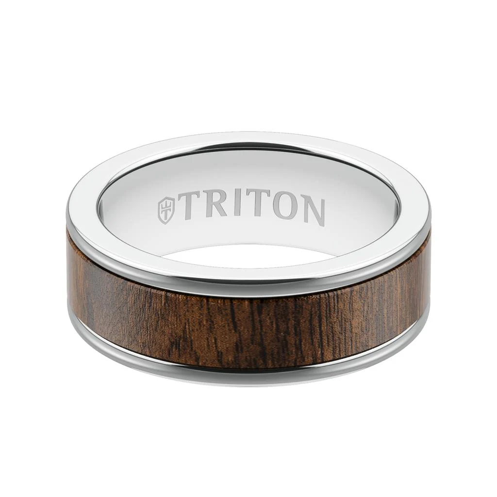 8MM White Tungsten Carbide Ring - Walnut Flat Insert with Round Edge - Image 3
