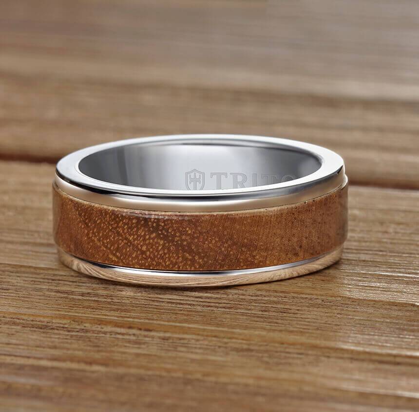 8MM White Tungsten Carbide Ring - Wood Insert with Round Edge - Image 3