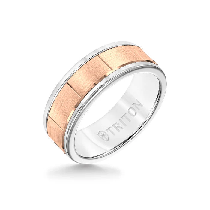 8MM White Tungsten Carbide - Vertical Cut 14K Rose Gold insert with Round Edge