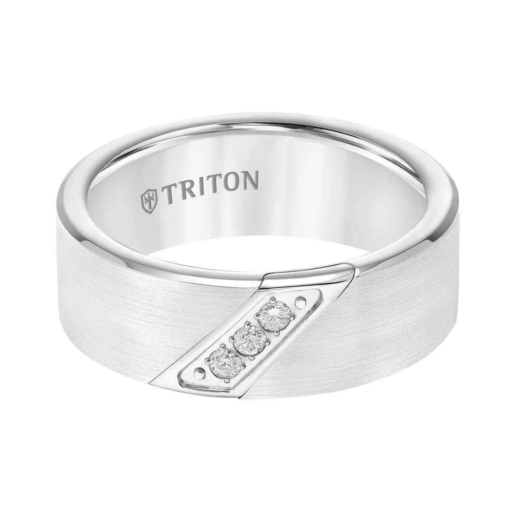 8mm White tungsten carbide satin finish band with diagonal diamonds set in stainless steel