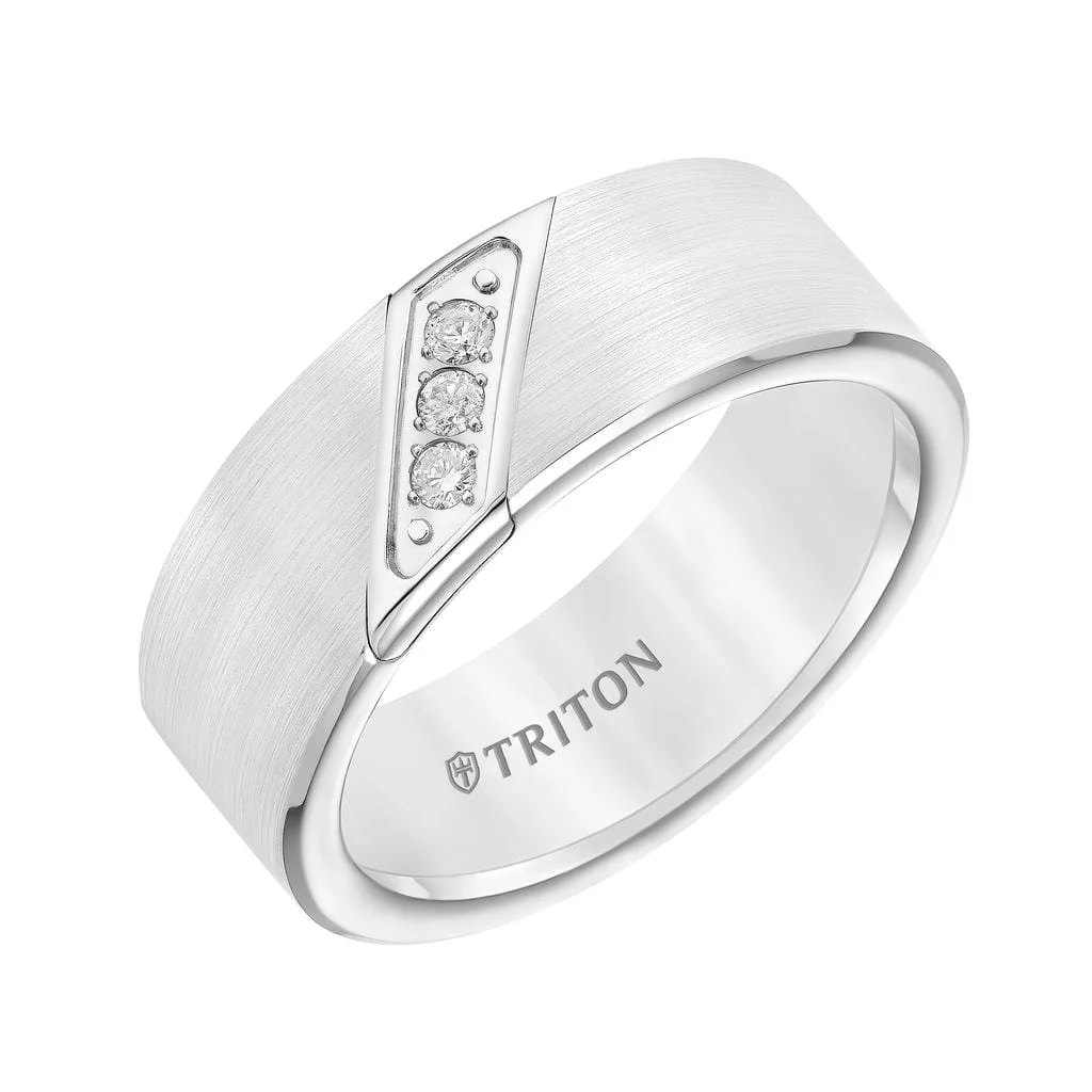 8mm White tungsten carbide satin finish band with diagonal diamonds set in stainless steel - Image 2